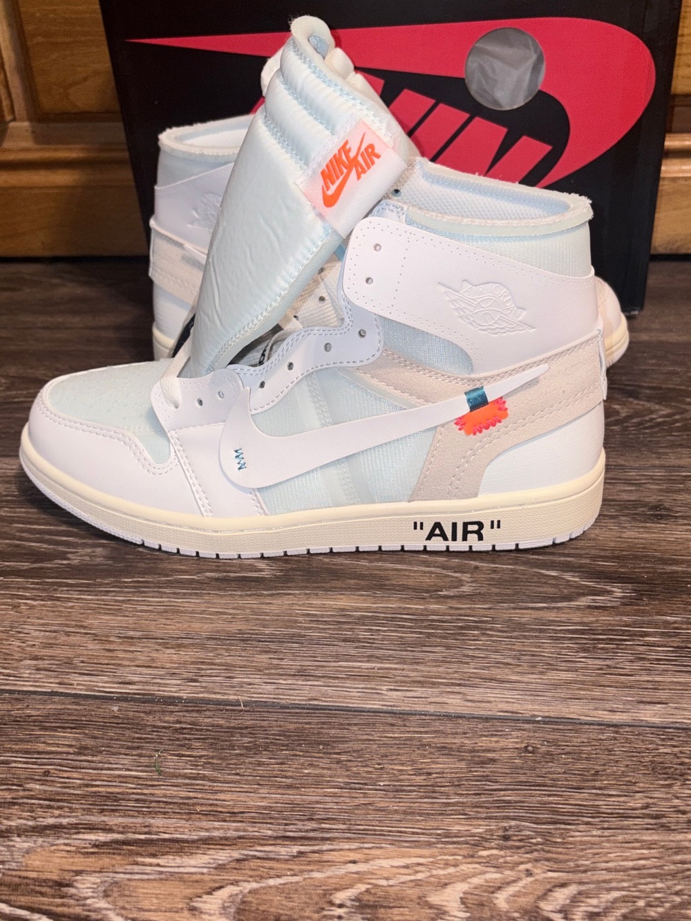 Off-White x Nike Air Jordan 1 High - White/Light Blue with Orange Accent
